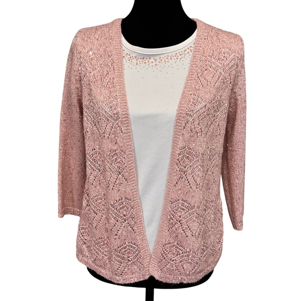ALFRED DUNNER Pointelle Spacedye Sweater With Studded Neckline Size PS pink